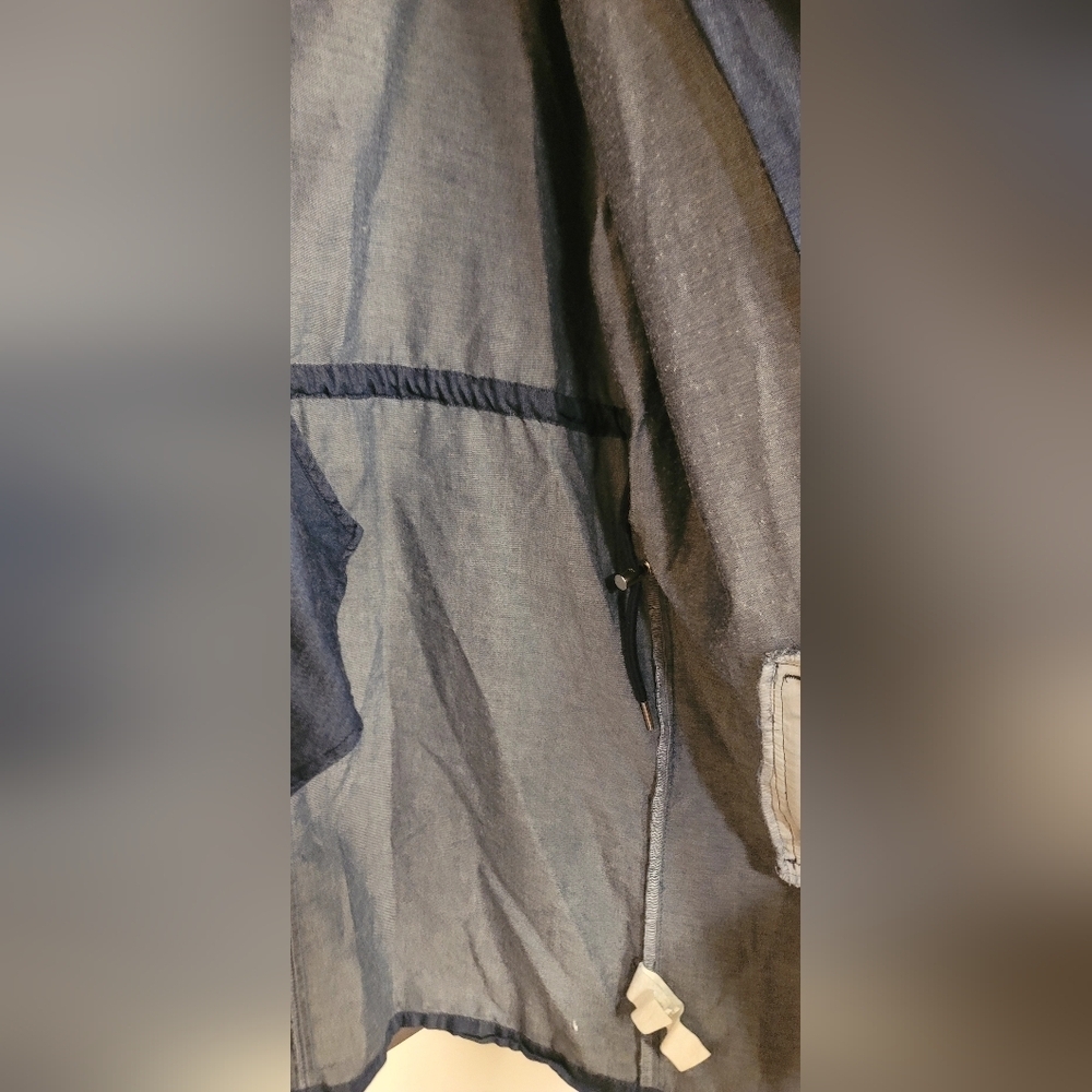 100% Cotton 1 Sunset Lane Womens Blue Denim Long Open Front Jacket Sz Med - Picture 8 of 13